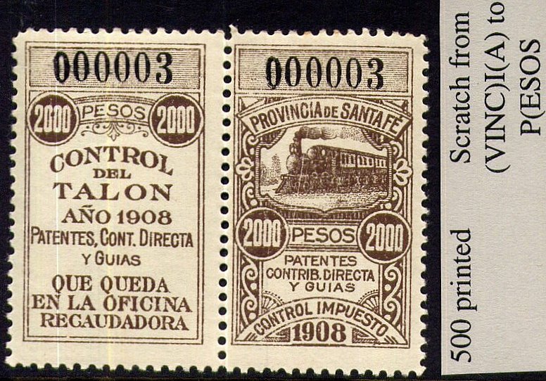 Argentina Santa-Fé General Taxation steam train Revenue Stamps 1908 2000 Pesos mint pair